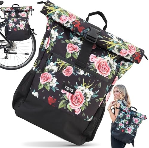 YBAG Daily - 2in1 Nachhaltige Fahrradtasche für Damen - Geeignet als Gepäckträgertasche und Rucksack mit Laptopfach für Büro und Einkauf (Flower)
