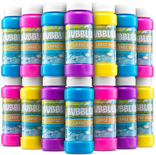 Seifenblasen 24er Pack - 60 ml Flaschen mit Stab - Neonfarben Sortiert | Mitgebsel für Kindergeburtstag und Partytüten - Seifenblasenflüssigkeit in Blau, Lila, Gelb und Pink für Kinder