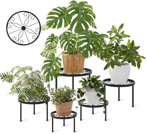 Bamworld Blumenständer 5er Set Schwarz-Ø28/25/23/20/17cm Pflanzenständer Metall Rund, Stabil & Dekorativ, Blumenregal für Innen & Außen, Blumentreppe in 5 Größen