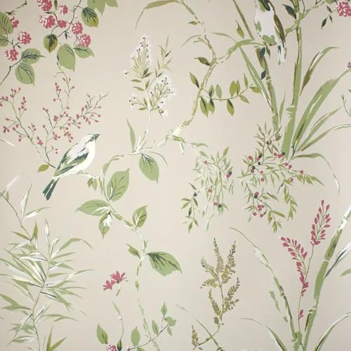Mariko Naturtapete – Blumen Baumvögel Blätter botanisch naturistisch – Metallic-Effekt, stilvoll, trendig, Wand