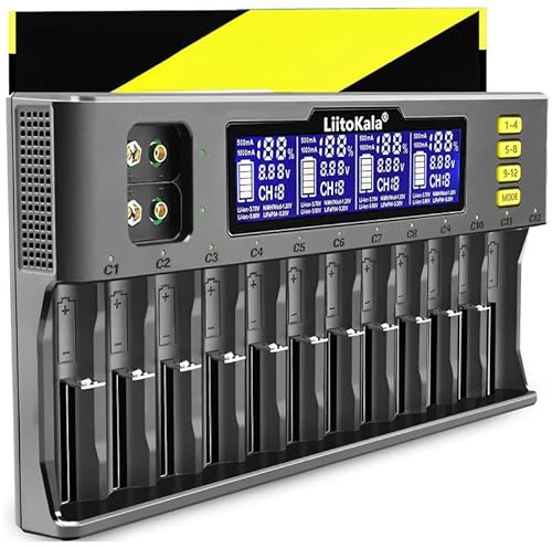 Retoo Akku Ladegerät für AA, AAA, 9V NI-MH/NI-CD, Li-ion-3.70V/3.80V, LiFePO403.20V, 12-Ladeplatz, mit LCD Anzeigem Universal Schnell Batterieladegerät, Schwarz