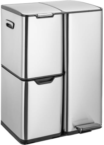 LIFERUN Mülleimer 3 Fächer, 60L Mülltrennsystem (30 + 17 + 13 L) mit Softclose Deckel, Abfalleimer Küche aus Edelstahl Metall, Inneneimer Abnehmbar mit Griffe,Treteimer, Silber