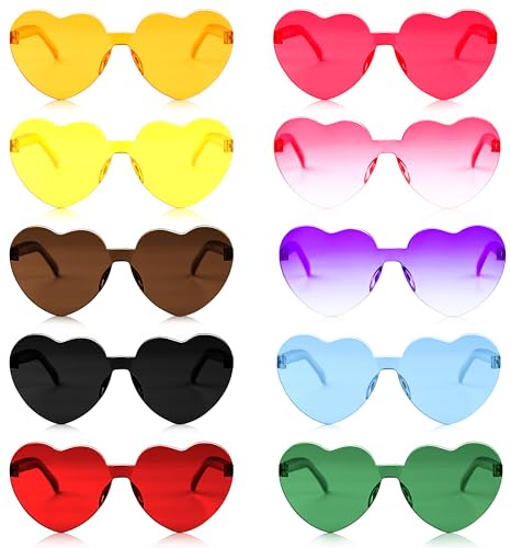 10 Stück Herz Sonnenbrille Set, Lustige Sonnenbrille ohne Rahmen, Partybrillen für Damen und Herren, Bunte Sonnenbrille Herzform für Festival, Hochzeit Deko, Sommer Gadgets & Party Zubehör
