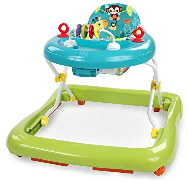 Bright Starts, Giggling Safari, Lauflernhilfe mit Spielzeuge, Perlenschiebespielzeug, 3 Höheneinstellungen, Lauflernwagen mit hoher Rückenlehne, zusammenklappbare, grün/blau, Kinder ab 6 Monaten