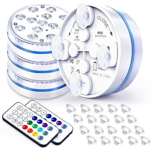 Joycome Poolbeleuchtung Unterwasser, IP68 Wasserdicht 13 LED Pool Licht mit Fernbedienung, 16 RGB Unterwasser Licht, Poolbeleuchtung Magnetisch/Saugnapf für Pool Spa Teich Badewanne Brunnen (4 Stück)