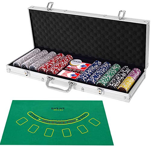 COSTWAY 500 Laser-Chips Pokerset, Poker Komplett Set mit 2 Spielkarten, 5 Würfel, 3 Händler-Chips und Tischtuch, Kasino Pokerkoffer Aluminium mit 2 Schlüsseln (Silber)
