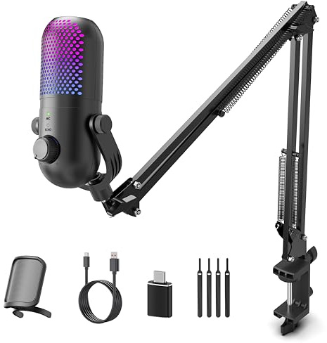 USB Mikrofon PC Gaming RGB: Microphone Mit Arm Schwarz - Gaming Zubehör PS4 & PS5 - Gaming Mic mit Stumm & Gain - Gaming Gadgets Laptop für Windows & Mac - Podcast Mikrofon für Youtube & Streaming