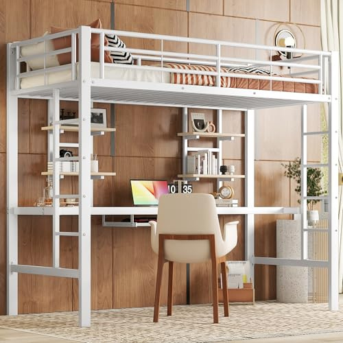 Moimhear Bettgestell Metallbett, Eisenbett, Hochbett mit Schreibtisch und Zwei Bücherregalen für Kinder, Jugendliche und Erwachsene (Weiß, 90x200cm)