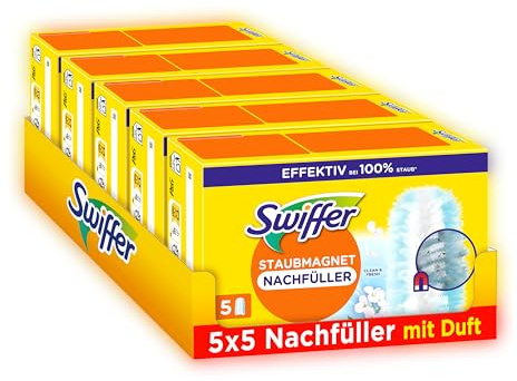 Swiffer Staubmagnet Nachfüllpackung, 25 Tücher (5×5) mit Febreze-Duft, Fängt Und Schließt 3-mal Mehr Staub Und Haare Ein Als Herkömmliche Staubwedel