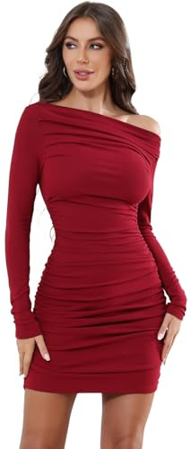 TrendiMax Damen Bodycon Minikleid Gerippt Langarm Freizeitkleid Sexy One Off Shoulder Geraffte Kleider Kurzes Cocktail Party Club Kleid Einfarbig (S, Wine Rot)