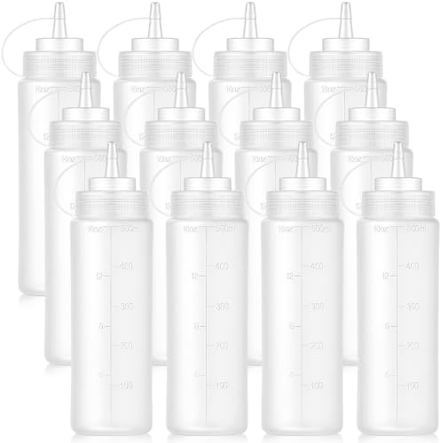 Bekith 12 Stück 500ml Quetschflasche Squeeze Condiment Flaschen Kunststoff Leere Spritzflasche mit Drehverschluss und Messung für Saucen Ketchup