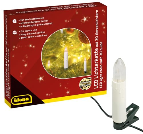 Idena 38192 - LED Kerzen Lichterkette mit 30 LEDs in Warmweiß, elfenbeinfarbene Kerzen mit Befestigungs-Klemmen, ca. 16 m, Deko für Innen, Weihnachtsdeko und Beleuchtung für den Weihnachtsbaum