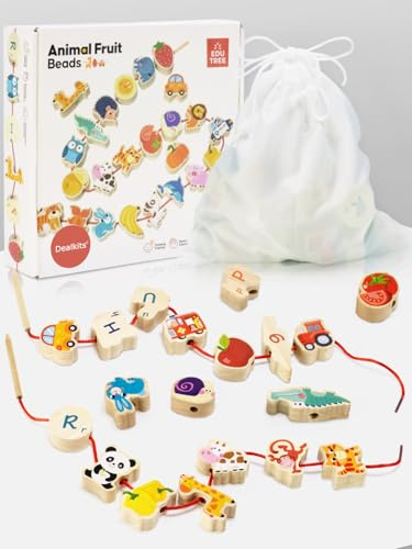 DealKits Fädelspiel ab 2 Jahren, Montessori Spielzeug Lernspiel Holzspielzeug, 42 Stück Holzperlen Fädelperlen zum Auffädeln, Geburtstagsgeschenk für 1-3 Kleinkinder, Adventskalender Füllung