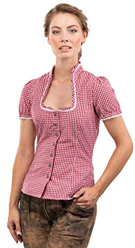 Schöneberger Trachten Couture Trachtenbluse Jasmin - Elegante, Karierte und taillierte Bluse - mit schönen Herzknöpfen Jasmin (40, Rot/Weiss)