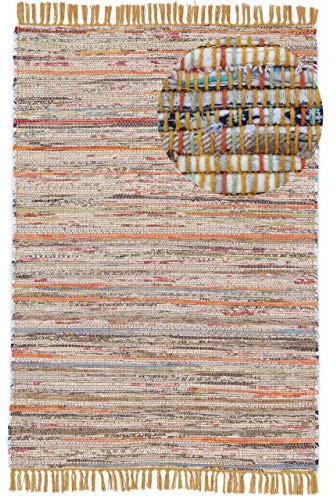 carpetfine Flachgewebeteppich Kelim Chindi Gelb 60x110 cm | Moderner Teppich für Wohn- und Schlafzimmer