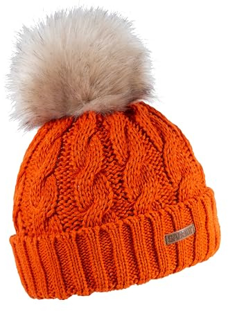 SABBOT Klassisch Damen Mütze mit Pelzbommel, Fleece-Futter, Wintermütze, Strickmuster, Warme Kappe mit Kragen (Orange)