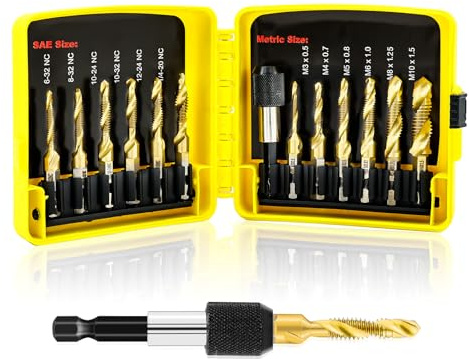 FOCSTOL Kombi Gewindebohrer Set - Titan Kombinationsbohrer Gewindebohrer Set zum Bohren Gewindeschneiden und Senken Eisen Aluminium Kupfer Metall 13 Stück (6-32NC bis 1/4-20NC und M3 bis M10)