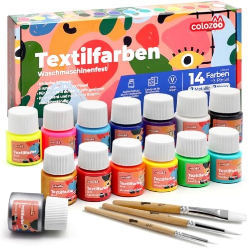colozoo Textilfarbe Set, 14x20ml waschfest inkl. Gold Silber Neonfarben | Textilfarben 14x20 ml mit Metallic und Neon, Pinsel inklusive, T-Shirts und Taschen gestalten, Kreativworkshops