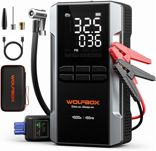 WOLFBOX 4000A Starthilfe mit 160PSI Kompressor, 12V Batterie-Booster, 65W Schnellladung, 88.8Wh Reifenfüller, LED-Anzeige für 10L Benzin-/Dieselmotoren, LED-Licht, Starthilfekabel