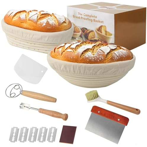 10 Stück Gärkorb Brot Set, 23cm Rund + 25cm Oval Brot Gärkorb,Gärkörbchen zum Brotbacken,Handgeflochtener Fermentierter Korb aus Natürlichem Rattan im,Einschließlich Teigschaber und Ölpinsel