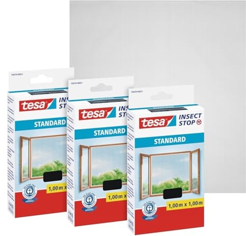 tesa Insect Stop Klett Fliegengitter für Fenster - Insektenschutz mit Klettband, zuschneidbar - Mückenschutz ohne Bohren - 3 x Fliegen Netz - 100 cm x 100 cm - Anthrazit