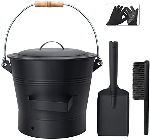 BRIAN & DANY Ascheeimer mit Deckel, Runder Kohleeimer für Kamine, 10L Eimer mit Schaufel und Handbesen, Werkzeugset Zubehör für Kamin, Feuerstelle