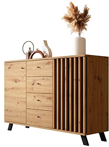 Newroom Kommode mit Schubladen Wildeiche Anthrazit Sideboard Flur | 1 Tür plus 4 Auszüge, Lamellenfront mit Holzmaserung, Komodenschrank, Anrichte, schwarze Holzbeine, fürs Wohnzimmer