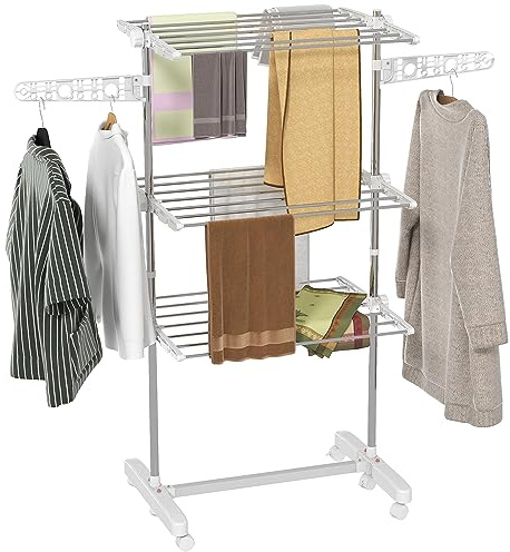 HOMCOM Wäschetrockner Turm Wäscheständer mit Rollen, 3 Ebenen, Klappbarer Standtrockner mit Seitenflügel, Wäscheturm für Indoor, Outdoor, Stahl Weiß 80/142 x 55 x 152 cm