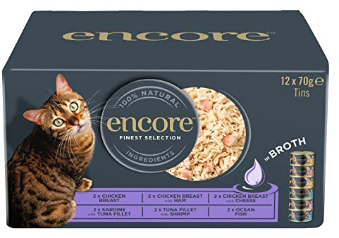 Encore 100% natürliches Premium Nassfutter für Katzen, Feinste Auswahl von Hühnchen & Fisch in Brühe für erwachsene Katzen - Packung mit 48 x 70g Dosen