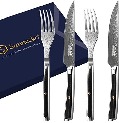 Sunnecko Steakbesteck Set Steakmesser Set - 4pcs Damast Steakbesteck Set für 2 Personen Damast Steakgabel Steakmesser 4er Set Damastmesser Damastgabeln Steak Besteck Set