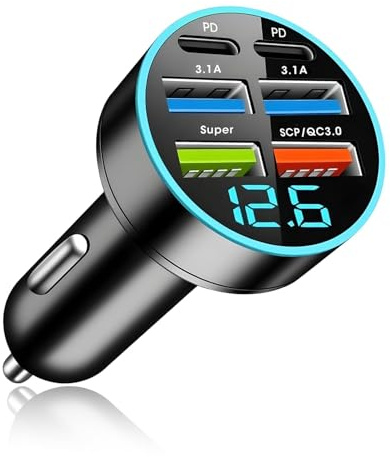 66W Auto Ladegerät, Zigarettenanzünder USB mit 6 Anschlüssen [2PD+2USBA 3.1A+1Super+1SCP/QC3.0] Schnellladung 12V-24V, Adapter Steckdose mit LED Voltmeter für Android/I-Phone/Samsung/Tablet/Smartphone
