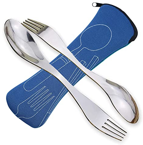 Göffel Edelstahl Gabel und Löffel Campingbesteck Leichtes Besteck Dual-Use 2 Stück (Blau)