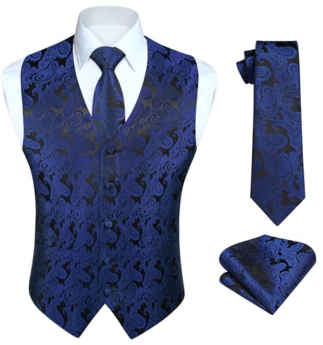 HISDERN Herren FLoral Hochzeit Weste Krawatte Einstecktuch Taschentuch Jacquard Weste Anzug Set