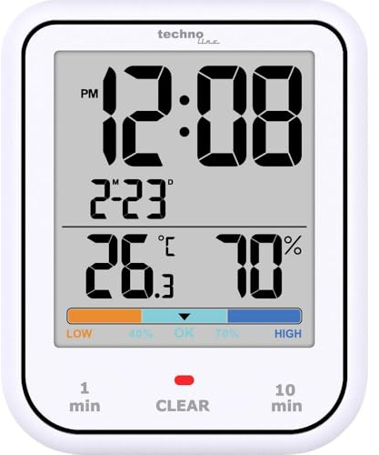 Technoline WT380 Digitale Badezimmeruhr mit Hygrometer und Thermometer | wasserdicht| Duschtimer | Countdownfunktion | großes LCD-Display | mit Datumsanzeige | weiß