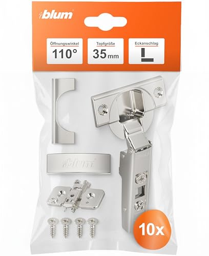 BLUM 10x CLIP top Möbelscharnier 110° I Topfscharnier 35mm I separat montierbare CLIP Kreuzmontageplatte, 0mm Distanz | 3D Seiten-, Höhen- und Tiefeneinstellung | vernickelt | Eckanschlag
