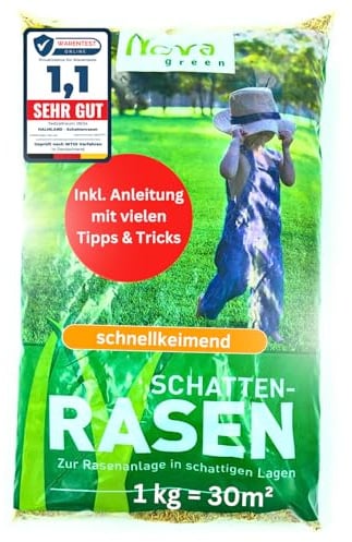 Schattenrasen Samen Rasensamen schnellkeimend Frühjahr 1 kg = 30 m² | Grassamen schnellkeimend für schattige Flächen | für Rasen Nachsaat | SEHR GUT getestet | Inkl. Rasensaat Anleitung
