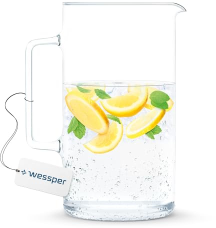 Wessper Glaskaraffe, Glas Krug, Wasserkaraffe, Eistee Krug, Saft Krug ca. 3 ltr. aus hitzebeständigem Borosilikatglas für hausgemachte Getränke, Eistee, Milch, Kaffee, Wein