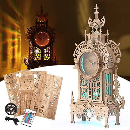 FUNPOLA 3D Holzpuzzle Erwachsene LED Turmuhr, 3D Puzzle Holz Uhr Modellbausatz, 3D Puzzle Uhr Kits fur Erwachsene