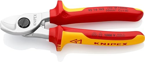 KNIPEX Kabelschere, 165 mm, VDE, für Cu- und AI-Kabel bis 15 mm (50 mm²), Einhandbedienung,Kabelschneider, 95 16 165