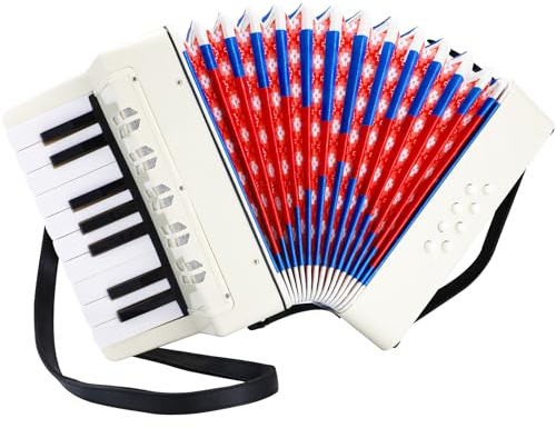 Akkordeon für Kinder und Erwachsene, 17 Tasten 8 Bässe Piano Ziehharmonika Mit Einstellbare Trageriemen, Musikinstrument für Anfänger Ab 3 Jahre (Weiß)
