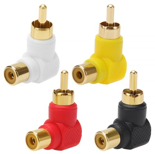 KUOQIY 4 Stücke RCA Rechtwinkliger Adapter, 90 Grad Cinch-Stecker auf Buchse Stecker-Adapter Vergoldet, für Stereo-Audio oder AV-Video, Rot/Schwarz/Weiß/Gelb