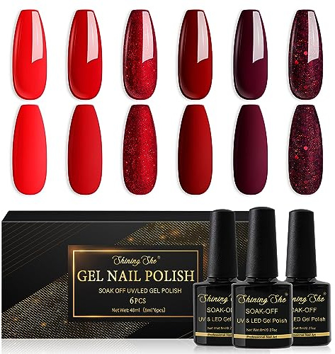 Shining She UV Nagellack Rot,6 Farben Glitzer Rot Burgunder Dunkel Gel Nagellack Set Soak-Off UV nagellack Maniküre Set für Anfänger Nail Art Salon DIY, 8ML