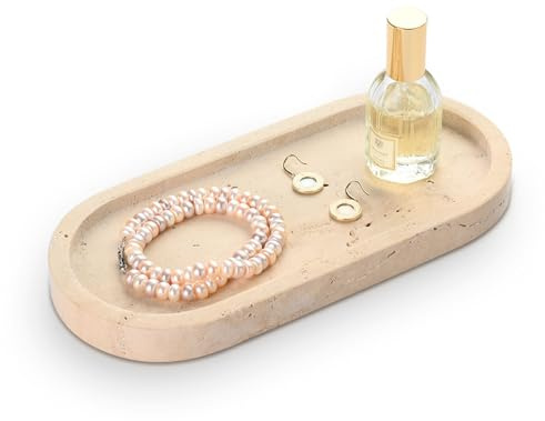 HAMAKAWA Badezimmer Marmor Tablett, Ovale Dekotablett 25x11 cm | Beige Schmucktablett, Parfümablage Naturstein