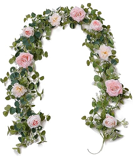 Anna's Whimsy 180 cm Künstliche Rosengirlande, Künstliche Eukalyptus Kränze, Schleierkraut Künstlich, Kunstblumen Wie Echt für Hochzeitsbogen, Frühlingsdeko Blumengirlande deko, Rosa