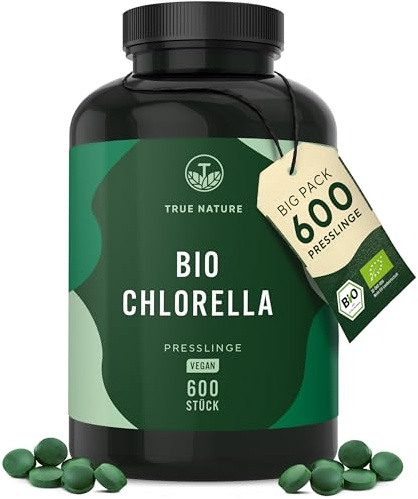 Bio Chlorella Presslinge – 600 Tabletten (500 mg) – 6000mg hochdosiert – Bio-Algen aus kontrolliert biologischem Anbau – Vegan – TRUE NATURE®