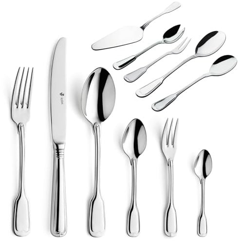 Paul Wirths Besteck-Set 68-tlg für 12 Personen, Augsburger Faden | 18/10 Edelstahl hochglanzpoliert, rostfrei, spülmaschinenfest, mit Besteckkasten und Servierteile inklusive