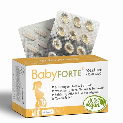 BabyFORTE Folsäure + Omega-3 | Algenöl | Alle Trimester | 18 Schwangerschaftsvitamine vegan | 60 Kapseln | Quatrefolic, Magnesium, Jod, DHA EPA Schwangerschaft | Stillzeit