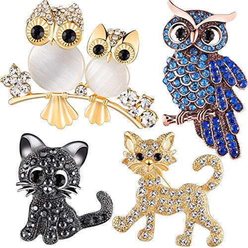 4 Stücke Tier Strass Brosche Pin Set Strass Eule Design Brosche Kristall Katze Broschen Pins für Frauen Mädchen Geburtstagsgeschenk Hochzeit Weihnachten Party Liefern