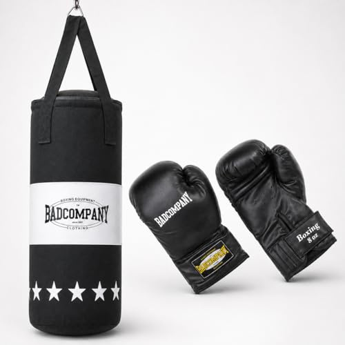 Bad Company Boxset für Kinder und Jugendliche bis 12 Jahre, schwarz – gefüllter Boxsack 55 x 25 cm und Boxhandschuhe für Kinder mit 8 oz – hängender Boxsack-Set