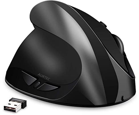AURTEC Linkshändermaus, wiederaufladbare 2,4G-Drahtlos-Ergonomische Vertikalmäuse mit USB-Empfänger, 6 Tasten und 3 einstellbaren DPI 800/1200/1600 für Linkshänder, Schwarz